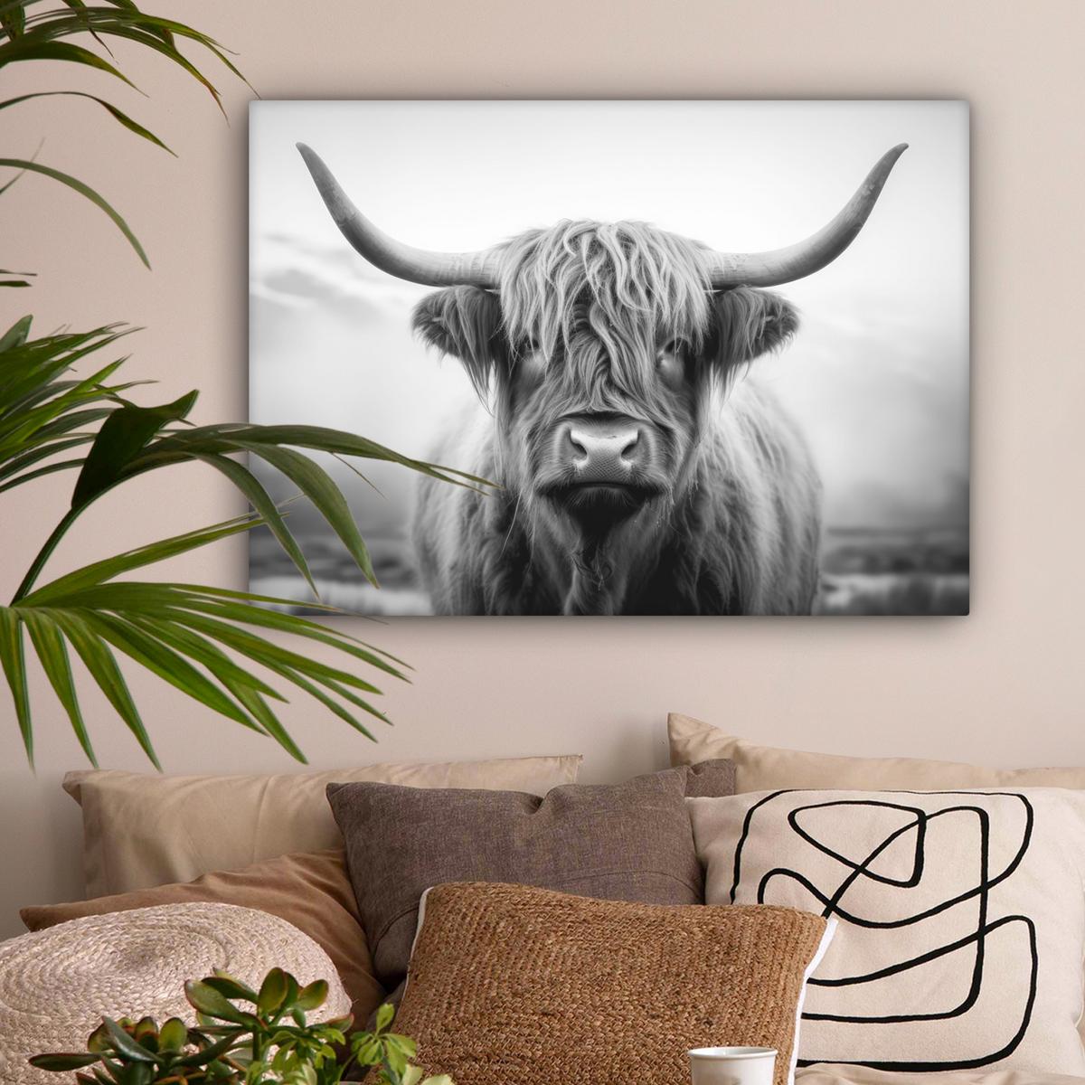 LEINWANDBILD Schottischer Highlander - Nebel - Schwarz - Weiß Wandbilder 80x60 cm - Grau, Textil (80/60cm) - MuchoWow