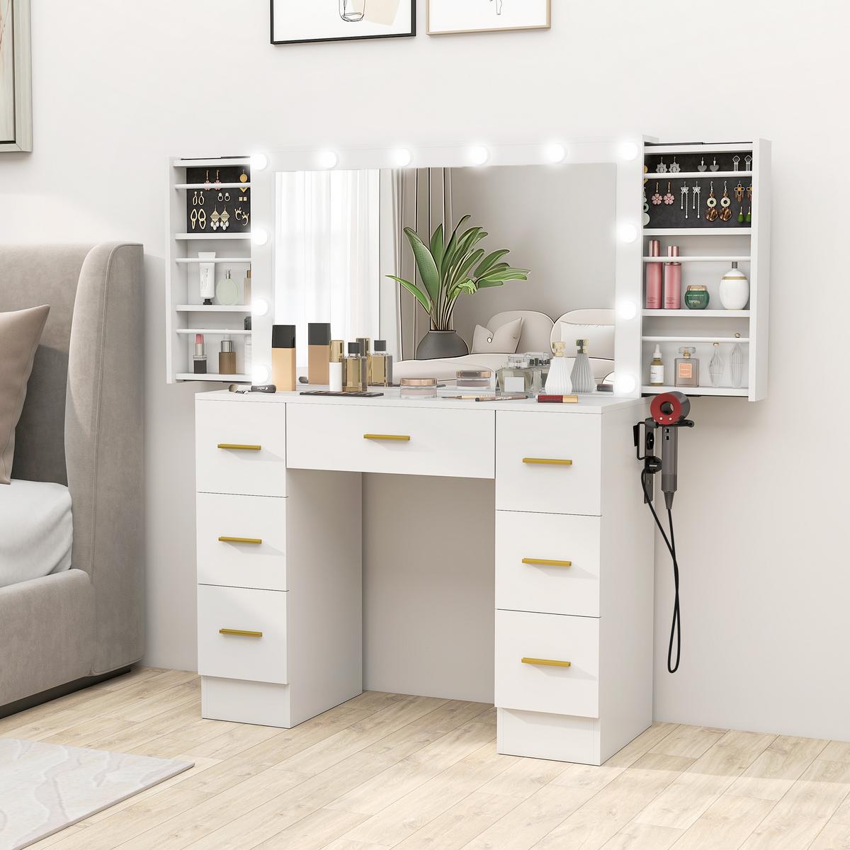 SCHMINKTISCH mit LED-Leuchten, Kosmetiktisch mit Spiegel, 7 Schubladen, Weiß - Goldfarben/Weiß, Holzwerkstoff/Metall (40/137/100cm) - HOMCOM