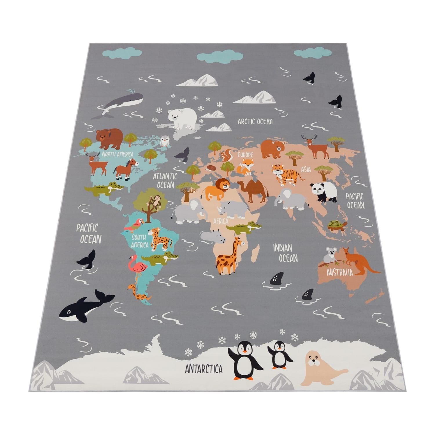 KINDERTEPPICH Waschbar, mit Tier‑Weltkarten‑Muster, Grau, 160 x 220 cm - Grau, Textil (220/160cm) - KADIMA DESIGN