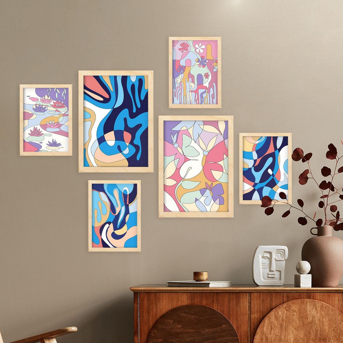 POSTER Set Mit 6 Ethikstile In Blume Zusammenfassung Ästhetische Dekorative Gemälde Für Ihr Wohnzimmer Zuhause A3 & A4 Rahmen Aus Hellem Holz - Beige, Papier (29/3cm) - Nacnic