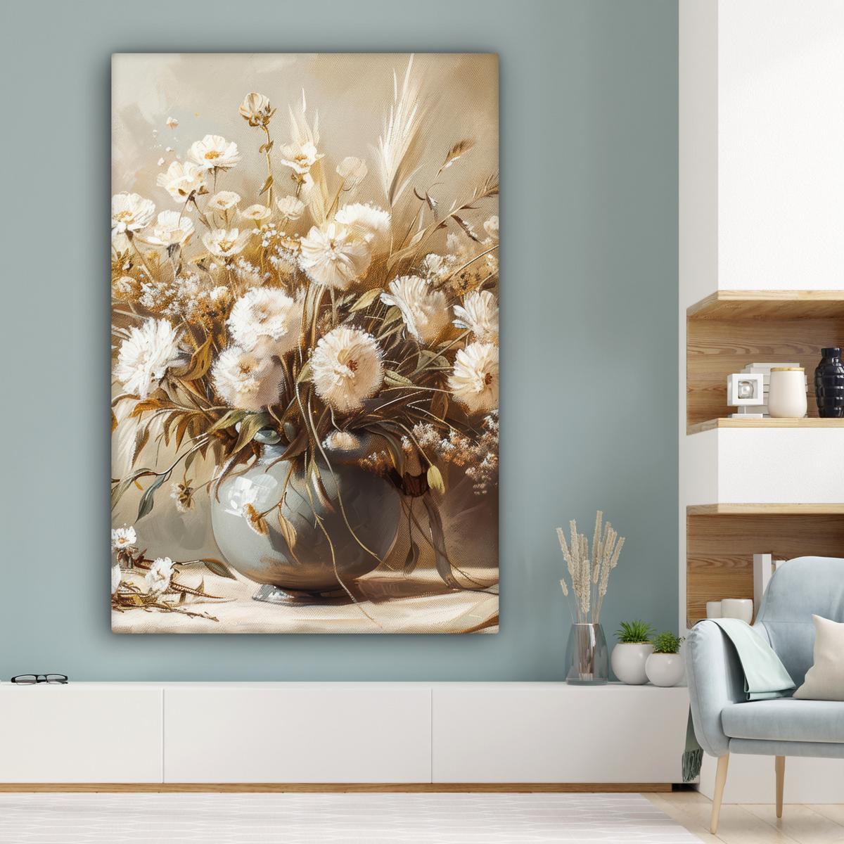 LEINWANDBILD Blumen - Vase - Stilleben - Beige Deko Groß 90x140 cm - Creme, Textil (90/140cm) - MuchoWow