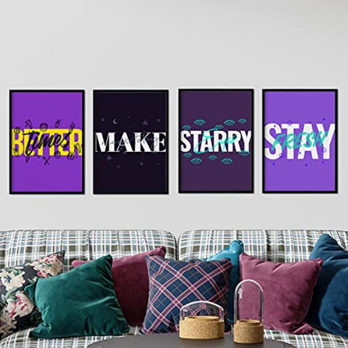 POSTER Set mit 4 lila Etikettendesign und Motivationsnachrichten A3 Schwarzer Rahmen - Schwarz, Papier (29.7/3cm) - Nacnic