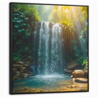 LEINWAND Bilder mit Rahmen - Wasserfall - Dschungel - Sonne - Grün - Natur - 90x90 - Grün, Textil (90/90cm) - MuchoWow