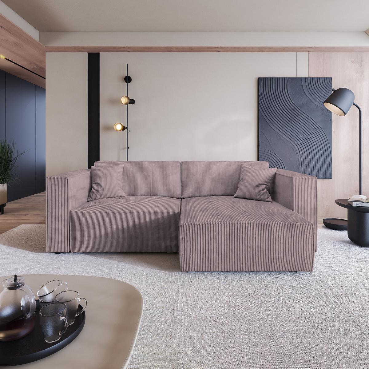 ECKSOFA NERIO P Lila Kordstoff mit Schlaffunktion - Lila/Grau, Holz/Kunststoff (245/148cm) - MASSENO