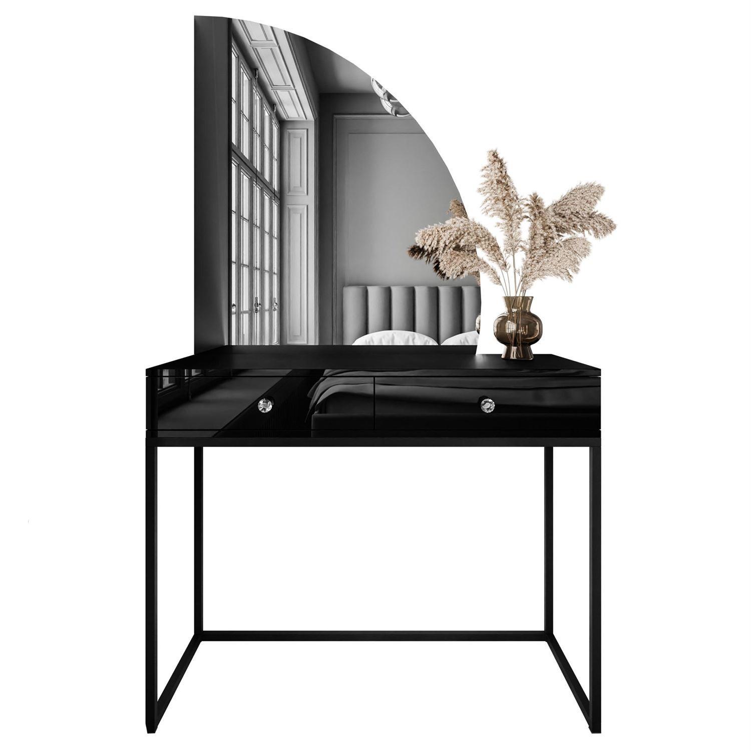 SCHMINKTISCH schwarz QUINNIE mit LED-Spiegel rechts Griff Kristall - Schwarz Hochglanz/Schwarz, Holzwerkstoff (100/176/42cm) - Lookway
