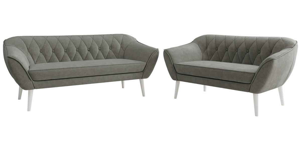 SITZGARNITUR PIRS 3+2 - Grau Strukture - Weiße Beine - Platinfarben/Weiß, Holzwerkstoff/Textil (180/75/74cm) - MKS