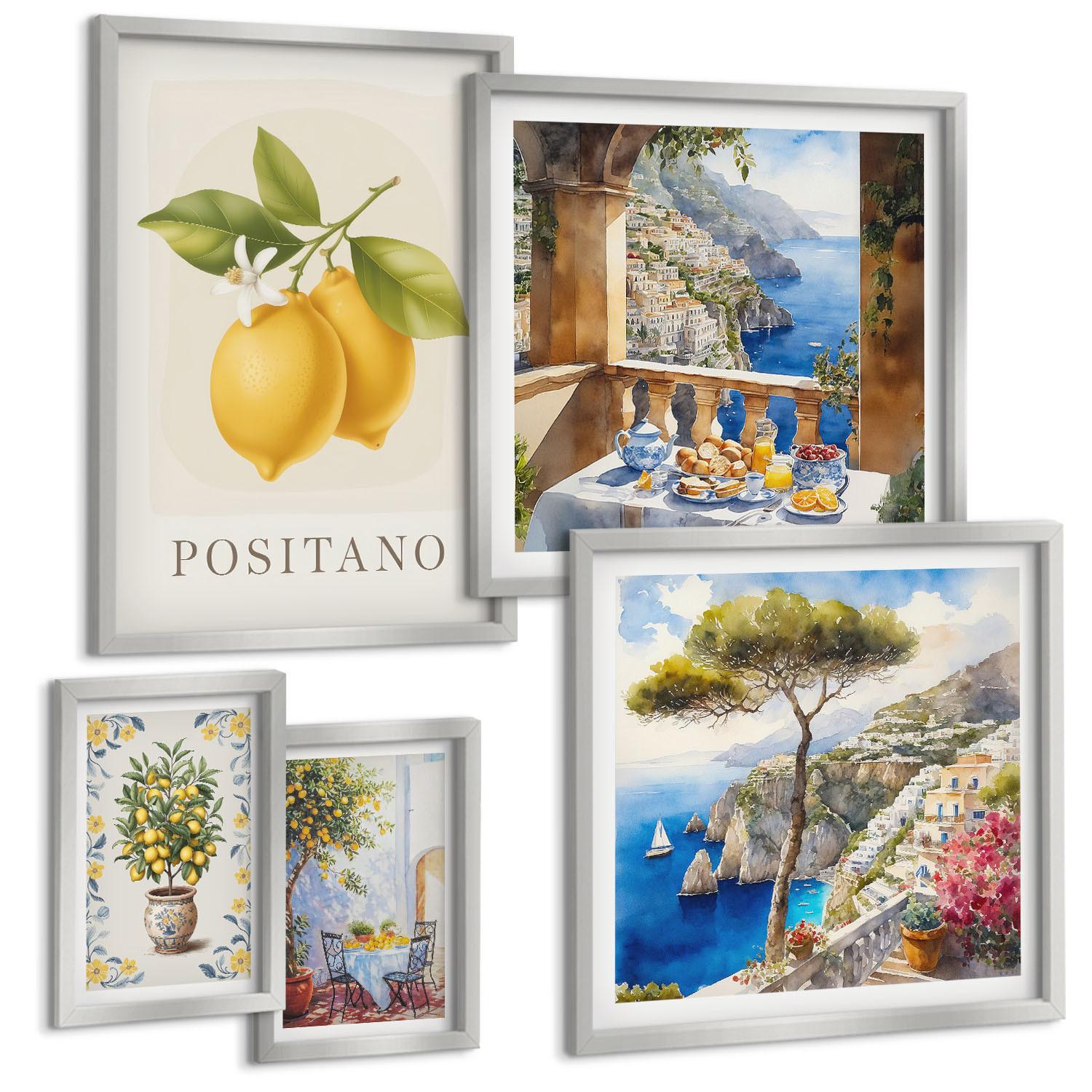 BILDER SET 5er Set - 50x50 cm & 20x30 cm & 40x60 cm Silberner Rahmen - Charmante Straßen mit Pflanzen - Silberfarben, Kunststoff (40/60cm) - TULUP