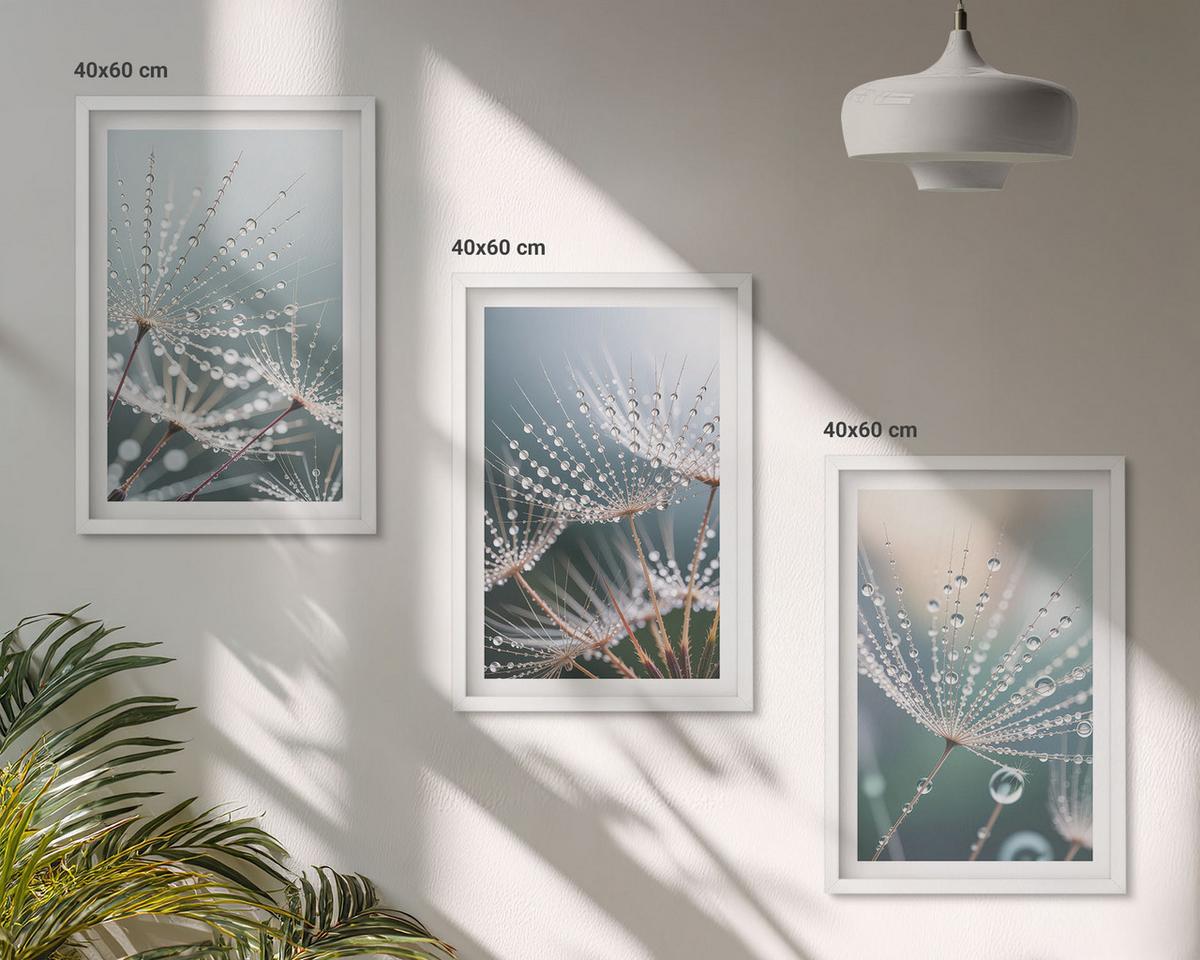 BILDER SET 3er Set - 40x60 cm Weißer Rahmen - Wassertropfen auf Löwenzahnsprossen - Weiß, Kunststoff (40/60cm) - TULUP