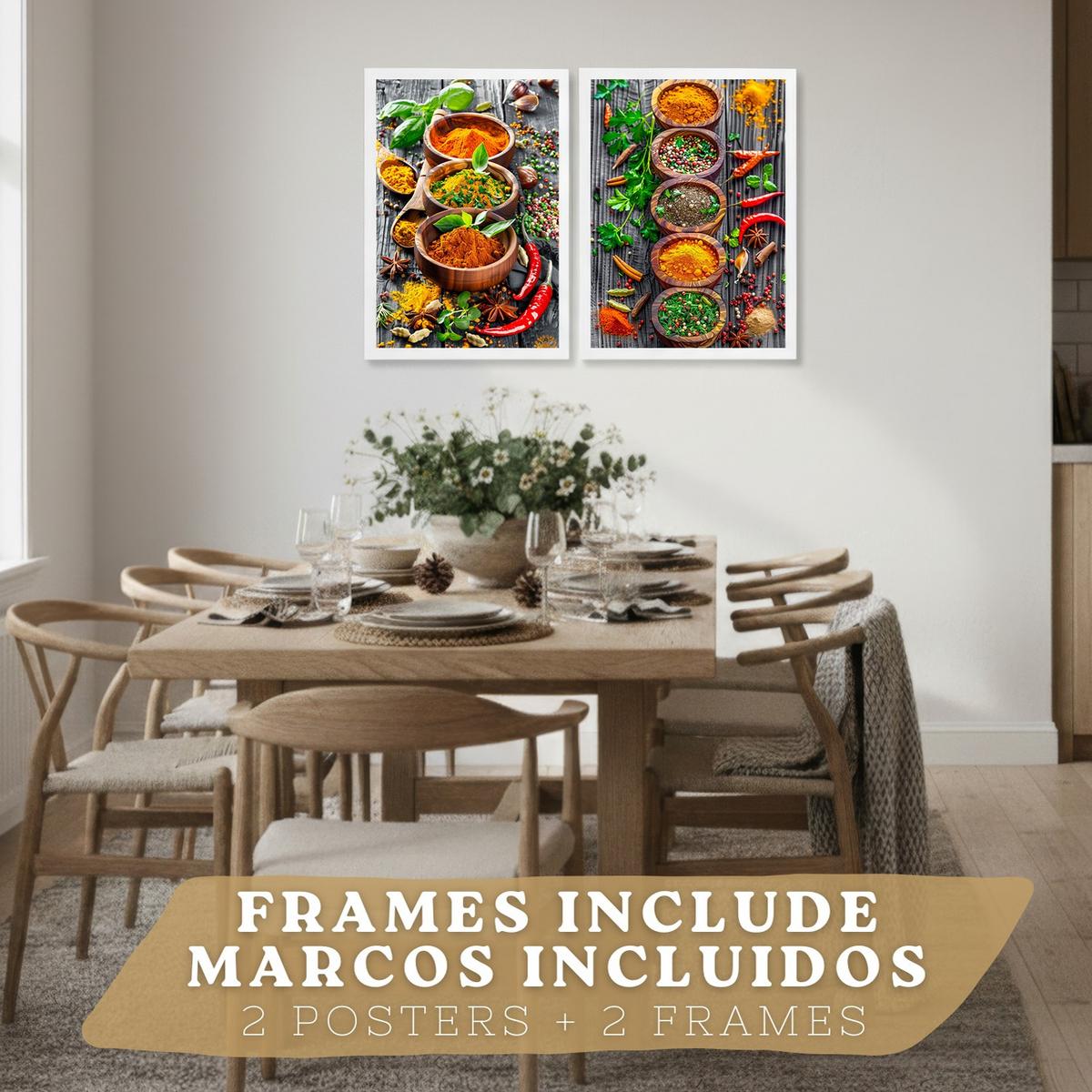POSTER 2er Set Küchen-Wandbilder Cocktail Aperol und Gewürze Warme Farbtöne Esszimmer Wanddeko Weißer Rahmen A4 - Weiß, Papier (29.7/1/21cm) - Nacnic