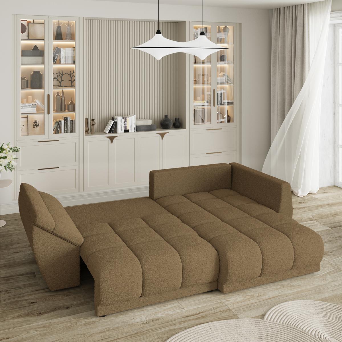 ECKSOFA ORENTI R-S Orange Boucle-Stoff mit Schlaffunktion - Orange, Holz (287/182cm) - MASSENO