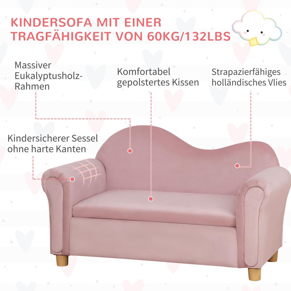 KINDERSOFA Kindercouch mit Stauraum, Spielsofa, Zweisitzer für Kinder 3-5 Jahre - Rosa, Kunststoff (41.5/48.5/84cm) - HOMCOM