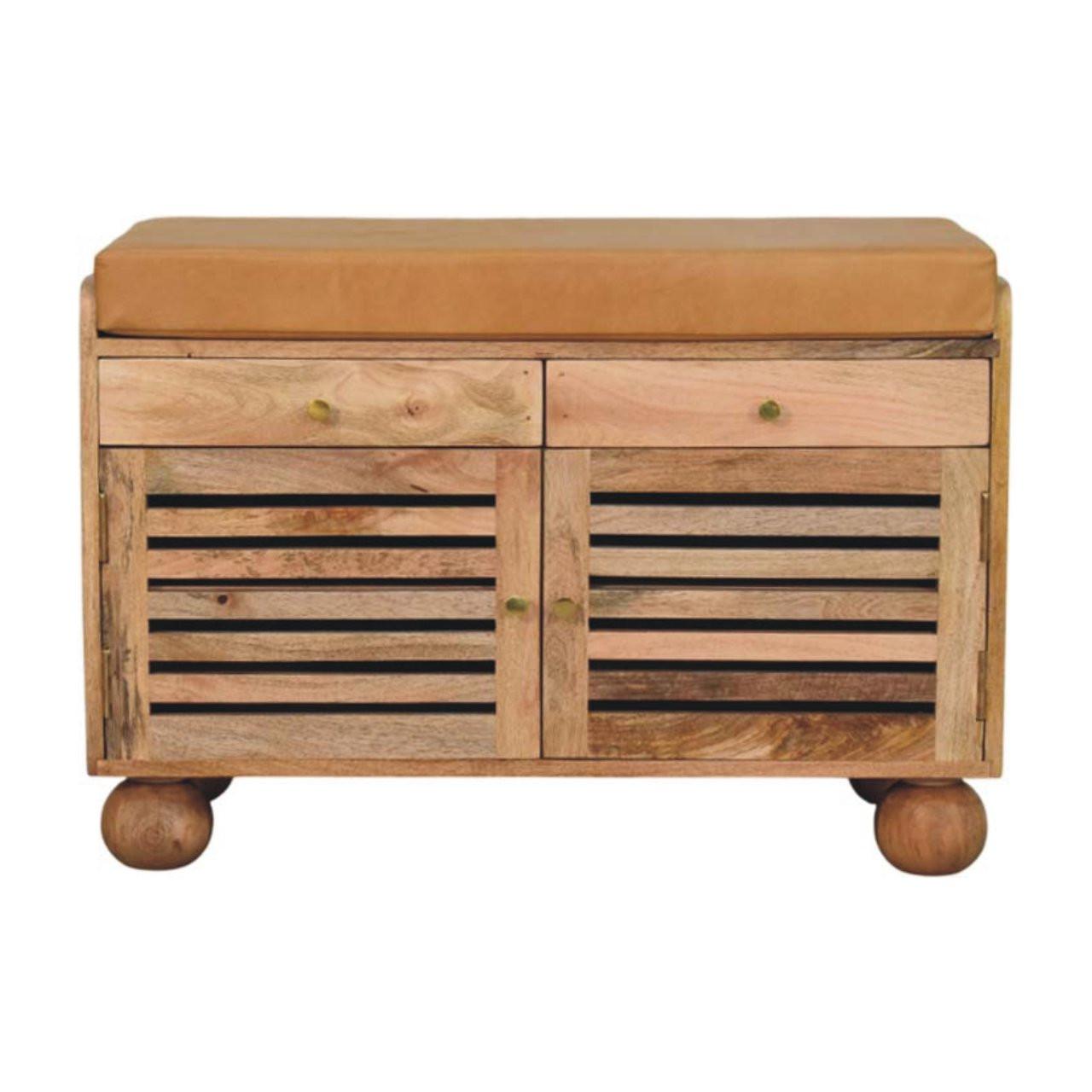 REGAL mit Eichenoptik-Finish, 2 Schubladen, 4 Ablagen, 2 Türen, hellbraun. - Hellbraun, Leder/Holz (85/56/40cm) - Artisan Furniture