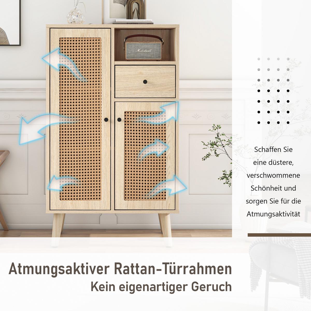 HIGHBOARD Eiche mit Rattanfronten und Schubladen - Eichefarben, Holzwerkstoff (60/101/40cm) - Urban Meuble