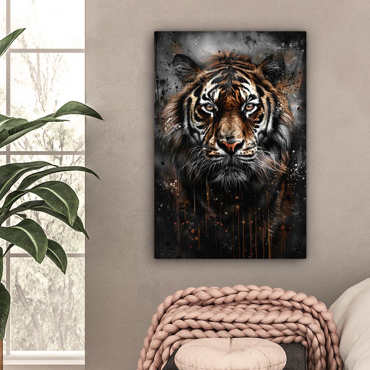 LEINWANDBILD Tiger - Tiere - Porträt - Luxus - Schwarz Wanddeko 40x60 cm - Anthrazit, Textil (40/60cm) - MuchoWow