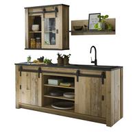 KÜCHENBLOCK in Used Wood Vintage 200 cm, Küchenschrank Set 3-teilig, mit Schiebetüren und Soft-Close - Anthrazit/Schwarz, Glas/Holzwerkstoff (200/200/64cm) - Furn.Design