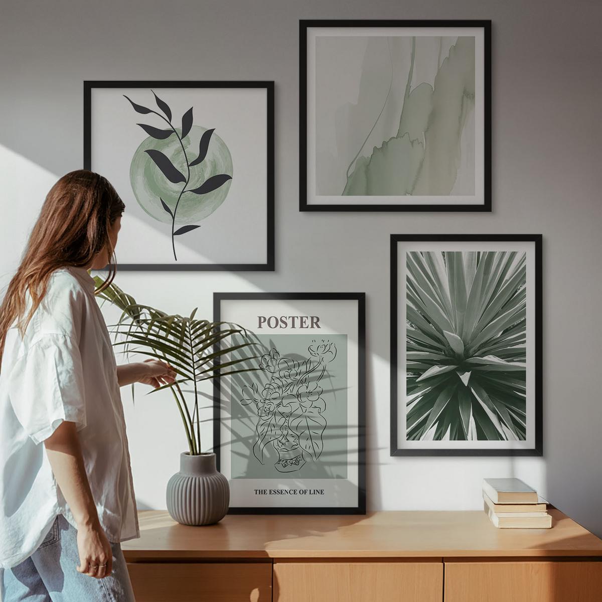 BILDER SET 4er Set - 50x50 cm & 40x60 cm Schwarzer Rahmen - Grün-beige Pflanzenmuster - Schwarz, Kunststoff (50/50cm) - TULUP