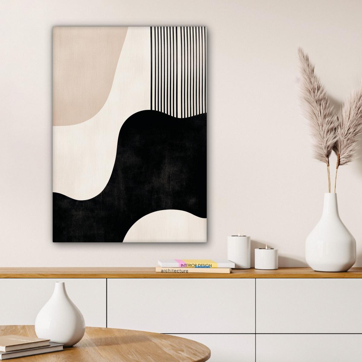 LEINWANDBILD Abstrakt - Japandi - Beige - Modern Wandbild Wohnzimmer 60x80 cm - Schwarz, Textil (60/80cm) - MuchoWow
