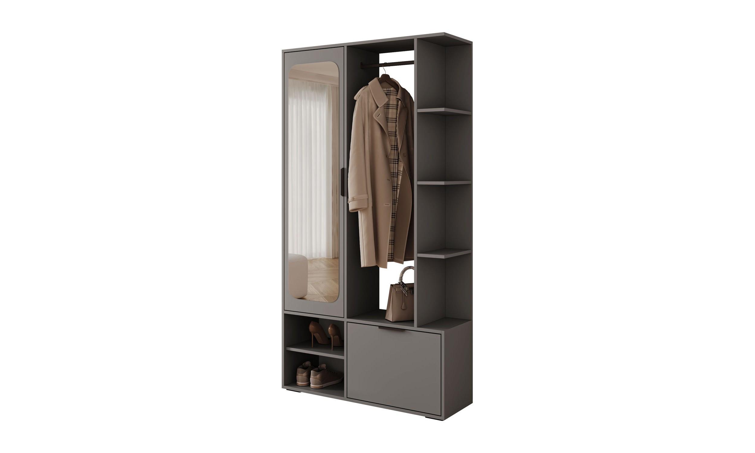 GARDEROBE NOLA 100/33,1/188,5 cm Grau matt mit Spiegel und Schuhschrank - Grau, Holzwerkstoff/Metall (100/188.5/33.1cm) - Lookway
