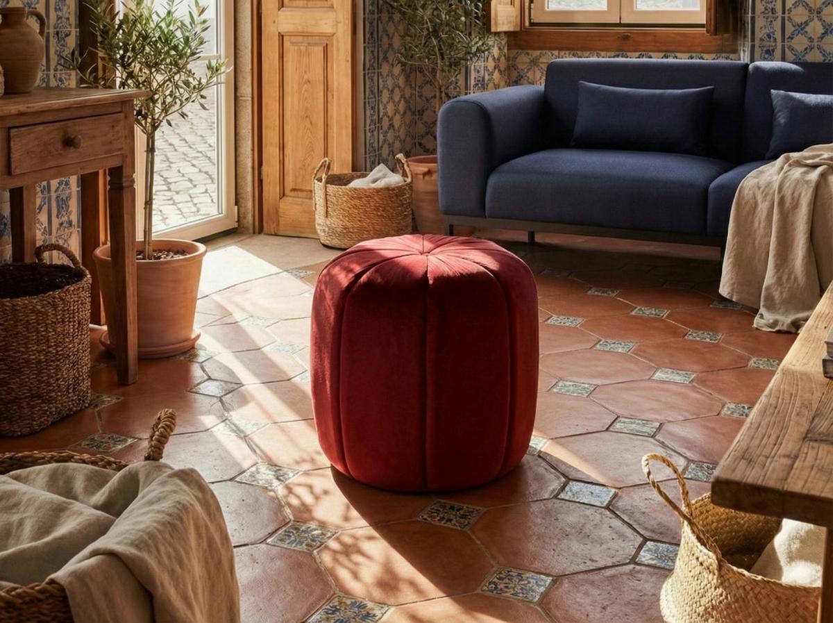 POUF Samtstoff Dunkelrot Selby - Dunkelrot, Textil (40/46/40cm) - Beliani