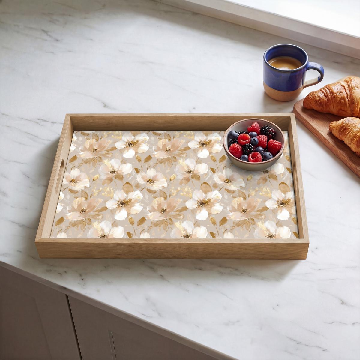TABLETT Blumen - künstlerisch - Gold 50x35 cm - Beige, Holz (50/5/5cm) - OnlyWow