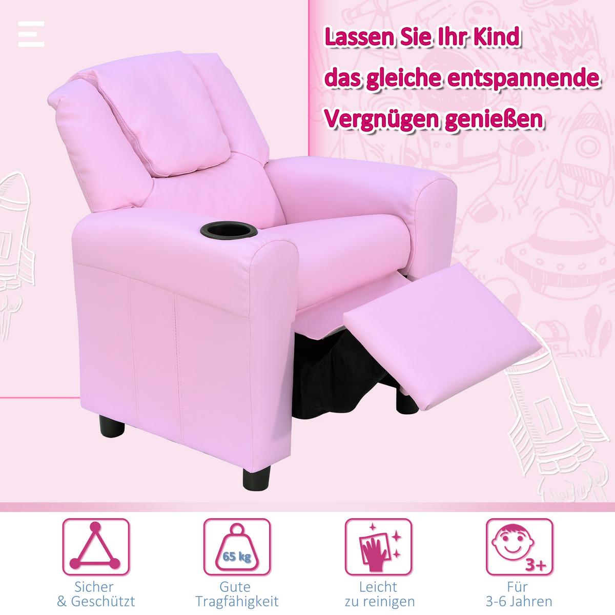 KINDERSESSEL Minisessel Kindersofa für 3-6 Jahre alt Liegefunktion Rosa - Rosa, Kunststoff (56/69/62cm) - HOMCOM