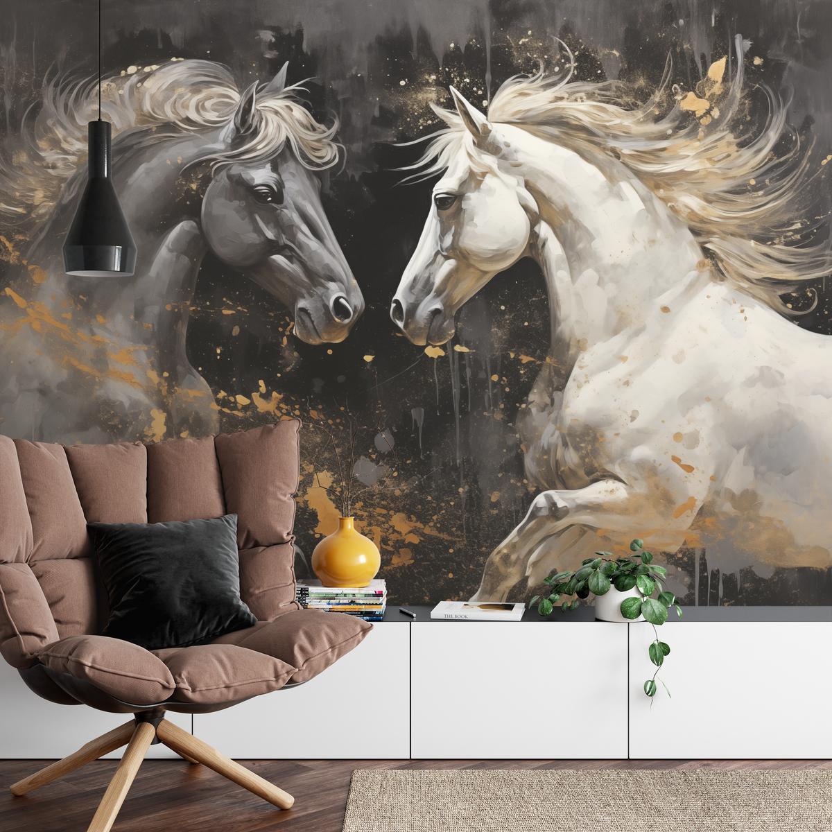 FOTOTAPETE für Büro Schwarz-Weiß Pferd Aquarell Goldakzente Eleganz 350x256 - Beige/Schwarz, Papier (350/256cm) - Muralo