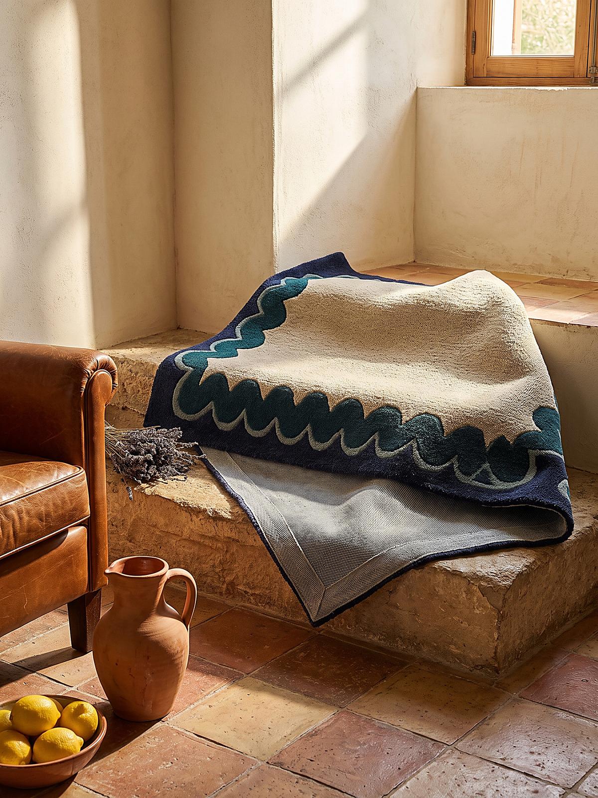 WOLLTEPPICH handgetuftet WAVENEY, Zickzack-Wellenbordüre, Petrol, 140 x 200 cm - Türkis, Textil (140/200cm) - KADIMA DESIGN