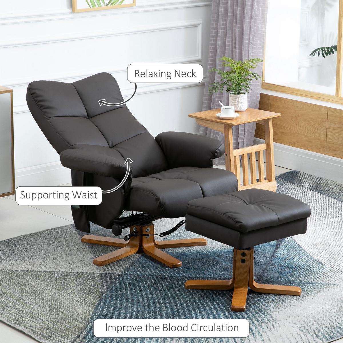 RELAXSESSEL mit Liegefunktion Massagesessel mit Fußhocker Polyester Braun - Braun/Mokka, Leder/Holz (86/99/80cm) - HOMCOM