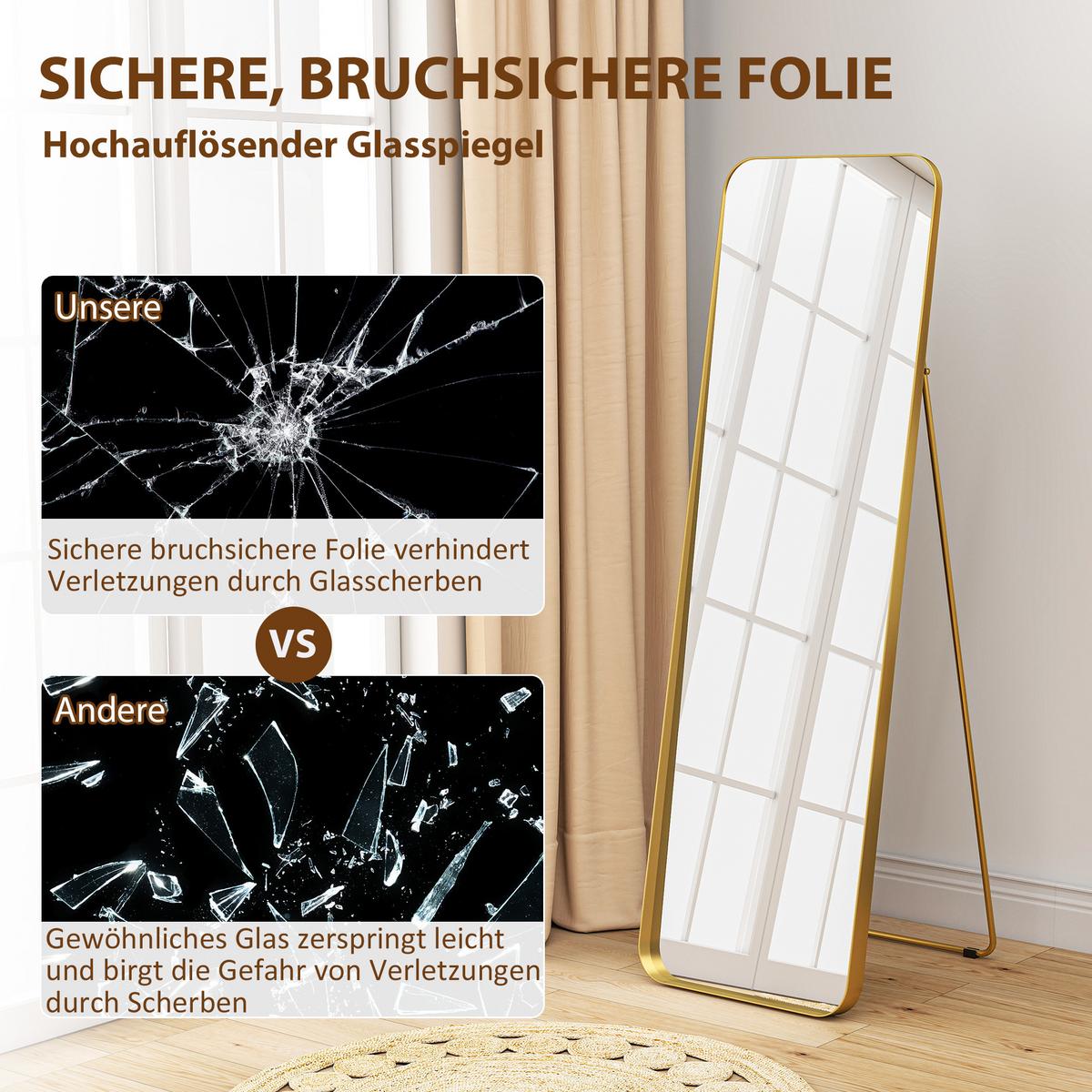 GANZKÖRPERSPIEGEL 160 x 50 cm Gewölbter Standspiegel mit Bruchsichere Glas - Goldfarben, Metall (6/160/50cm) - HOMCOM