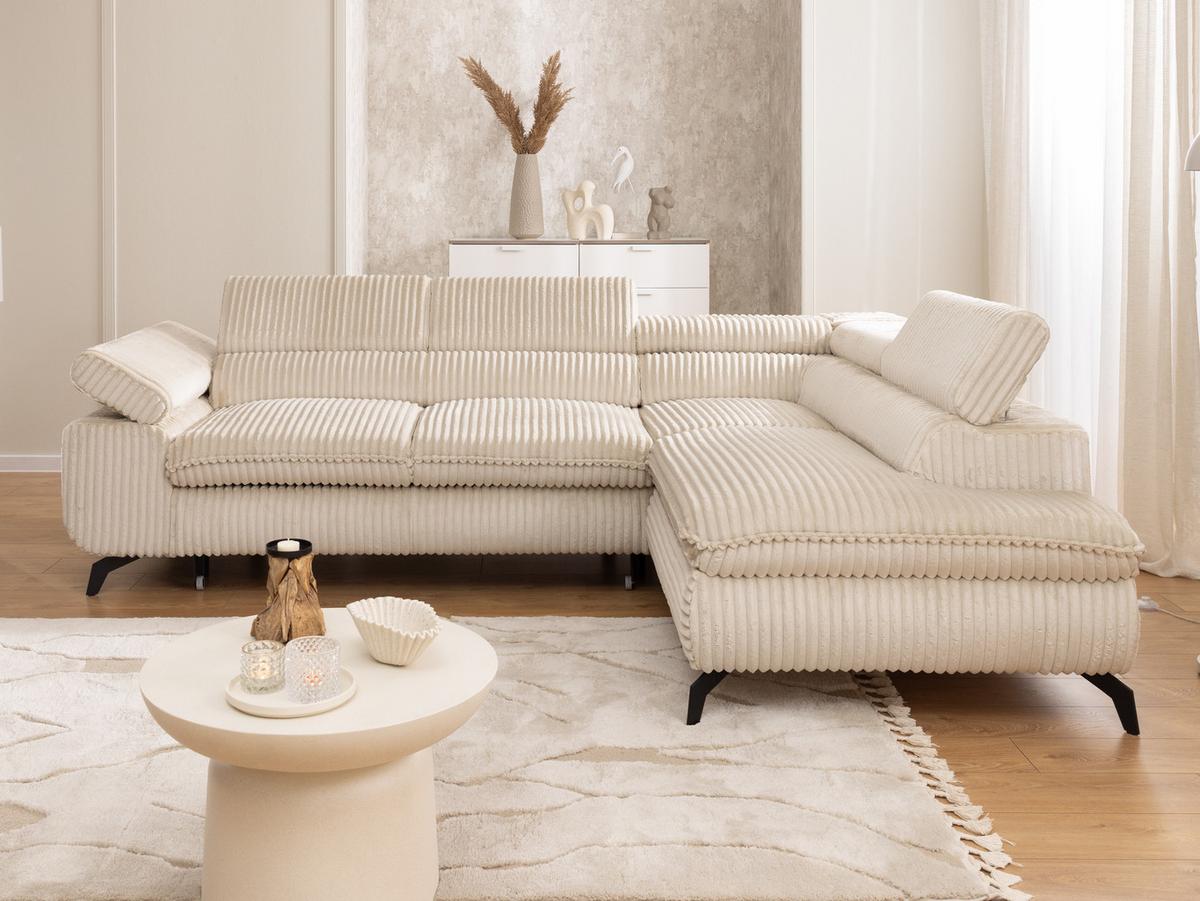 ECKSOFA mit Schlaffunktion und Bettkasten Bonnie aus Hellbeige Cord-Stoff mit verstellbaren Kopfstützen und Armlehne - Ottomane rechts - Beige/Schwarz, Holz/Textil (275/210cm) - S-Style Möbel