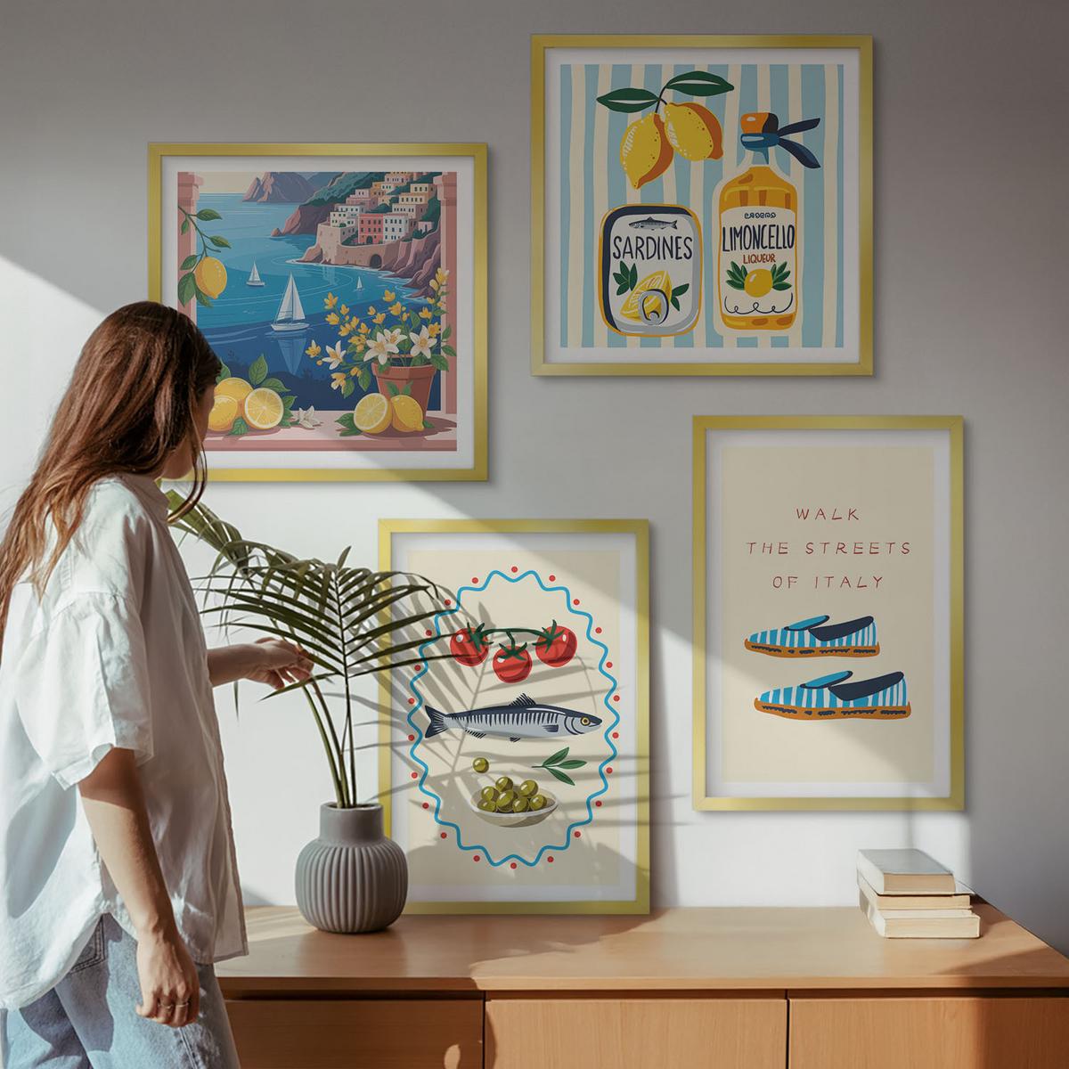BILDER SET 4er Set - 50x50 cm & 40x60 cm Goldrahmen - Italienische Aromen, farbenfrohe Bilder - Goldfarben, Kunststoff (50/50cm) - TULUP