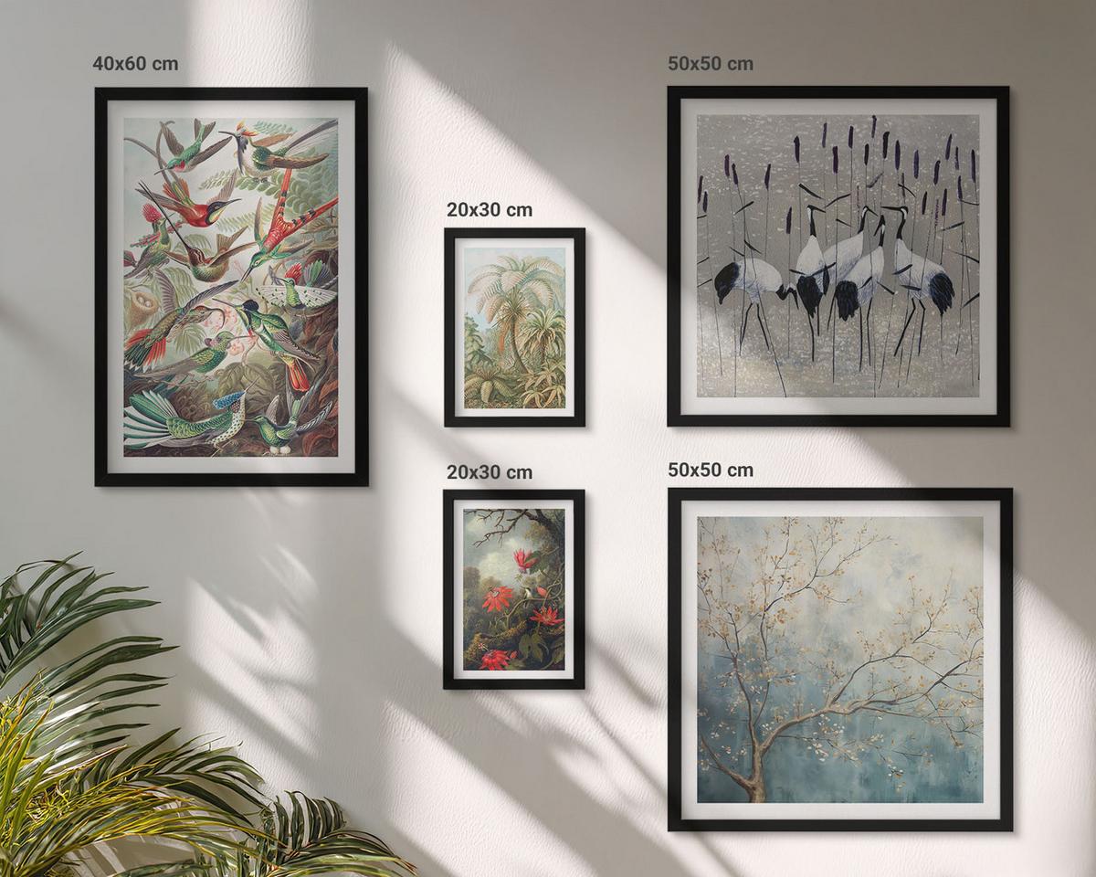 BILDER SET 5er Set - 50x50 cm & 20x30 cm & 40x60 cm Schwarzer Rahmen - Pastellfarbene Berglandschaft mit rosa Flamingos - Schwarz, Kunststoff (40/60cm) - TULUP