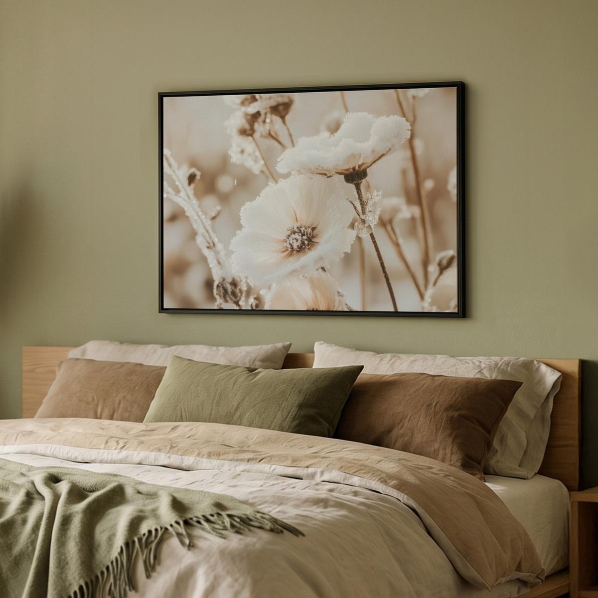 LEINWAND Bilder mit Rahmen - Blumen - Winter - Weiß - Schnee - Beige - 80x60 - Creme, Textil (80/60cm) - MuchoWow