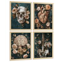 POSTER Set aus 4 Anatomie Drucke und mit Schädel Herz Gehirn Wirbelsäule Skelett Becken Klassisches Florales Design Größe Leichter Holzrahmen A4 - Beige, Papier (21/29.7/3cm) - Nacnic