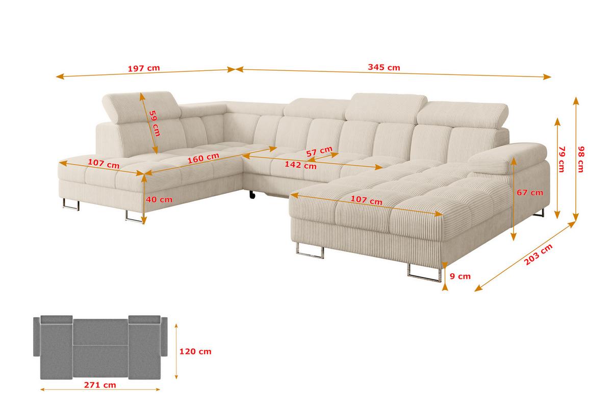 WOHNLANDSCHAFT mit Schlaffunktion und Bettkasten Ottomane Links COMA U 345x203x79 Beige Cord - Beige, Holzwerkstoff/Textil (345/79/203cm) - ALTDECOR