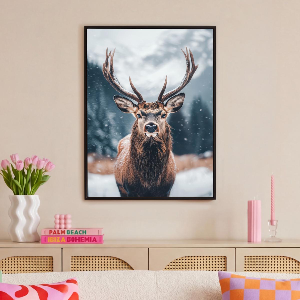 LEINWAND Bilder mit Rahmen - Hirsche - Tiere - Landschaft - Winter - Schnee - 70x100 - Kastanienfarben, Textil (70/100cm) - MuchoWow