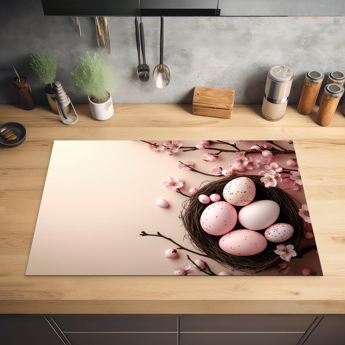 HERDABDECKPLATTE Rosa - Blüten - Eier Induktionsschutz 81.6x52.7 cm - Hellrosa, Kunststoff (81.6/52.7/0.2cm) - MuchoWow
