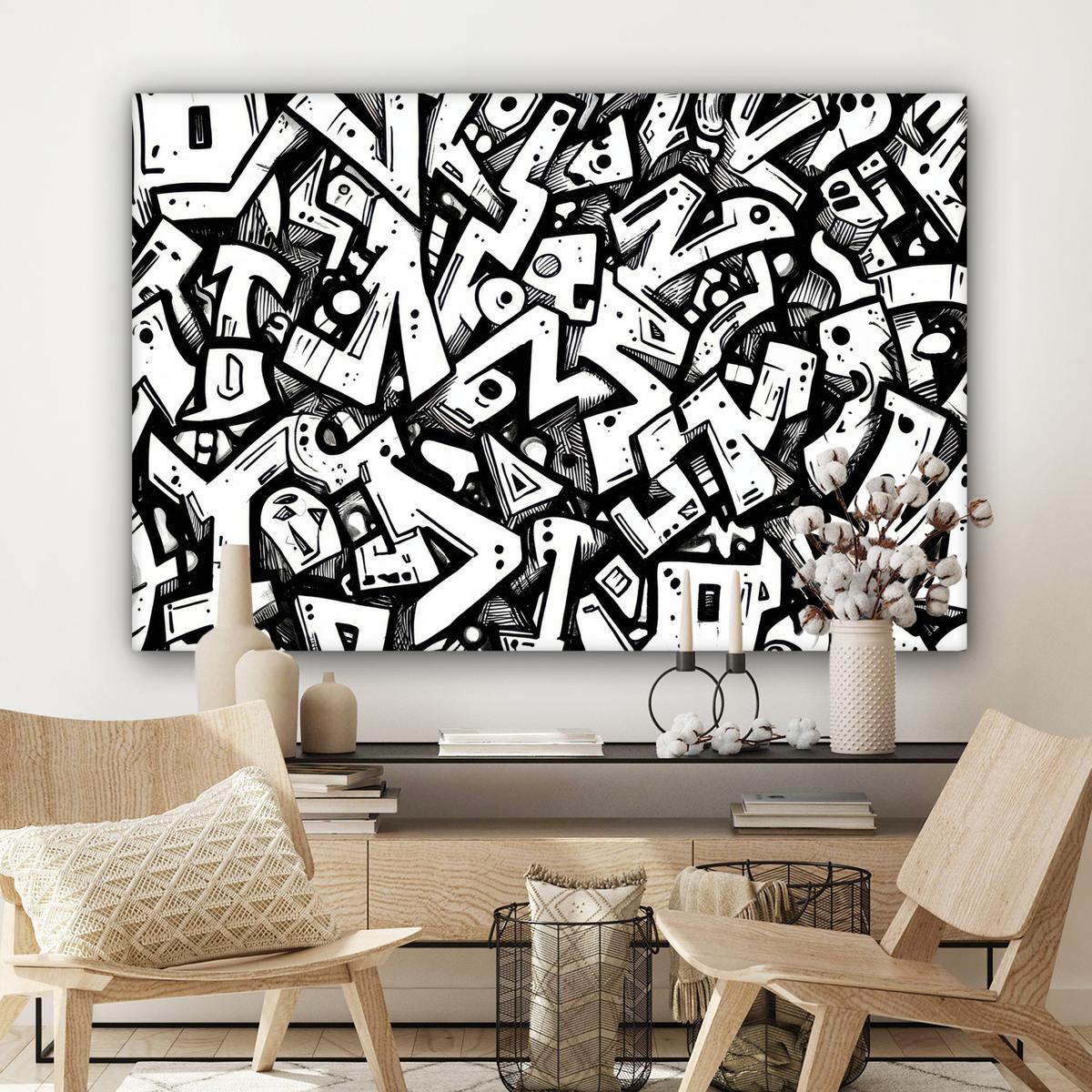 LEINWANDBILD Formen - Buchstaben - Graffiti - Schwarz Wohnzimmer Groß 120x80 cm - Schwarz, Textil (120/80cm) - MuchoWow