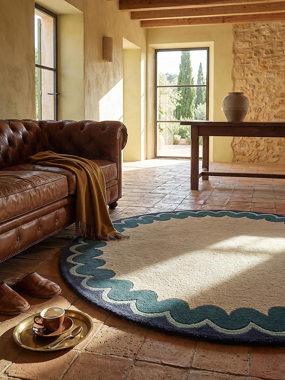 WOLLTEPPICH handgetuftet WAVENEY, Zickzack-Wellenbordüre, Petrol, Ø 160 cm - Türkis, Textil (160/160cm) - KADIMA DESIGN