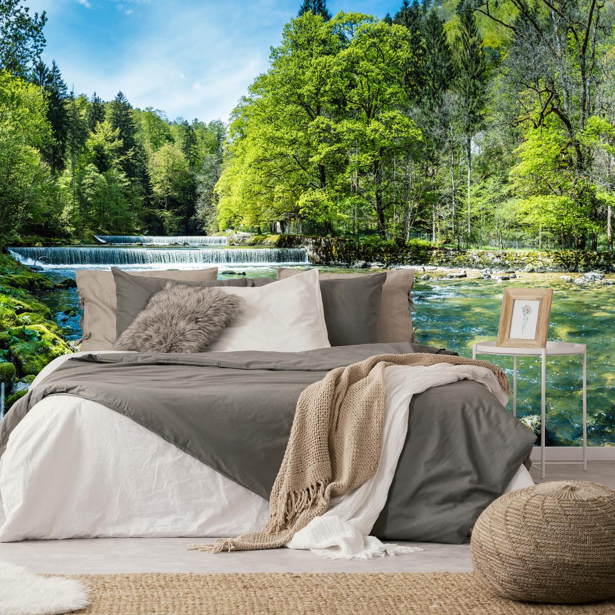 FOTOTAPETE für Wohnzimmer Landschaft Steinerne Fluss Wald Bäum 100x70 - Türkis/Blau, Papier (100/70cm) - Muralo