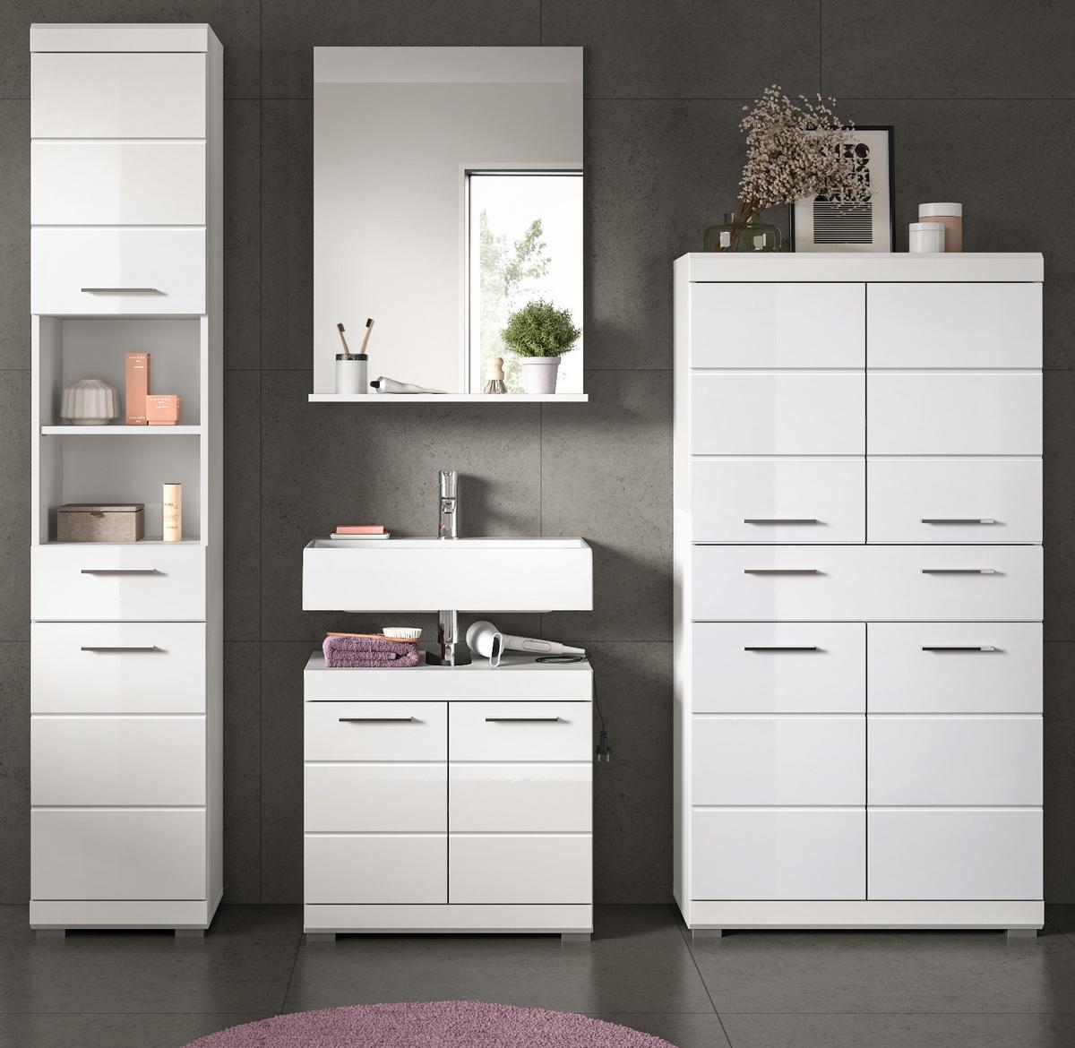 BADMÖBEL-SET weiß Hochglanz 4-teilig 200 cm, Komplettset mit viel Stauraum - Weiß Hochglanz, Glas/Holzwerkstoff (200/191/34cm) - Inn.Furn