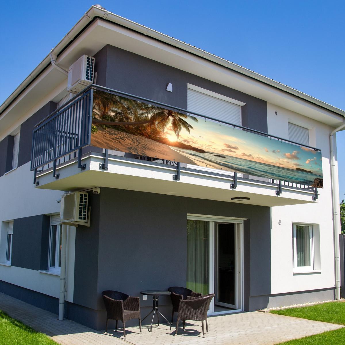 BALKON-SICHTSCHUTZ Strand - Palmen - Meer - Sonnenuntergang Deko XXL 500x100 cm - Samtahornfarben, Kunststoff (500/100cm) - MuchoWow