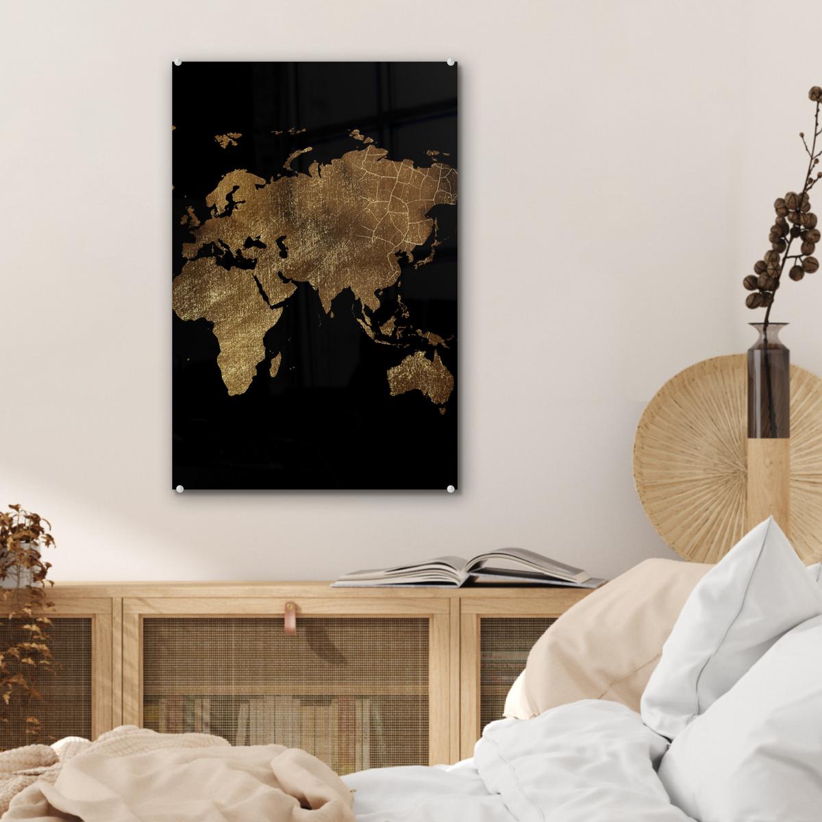 ACRYLGLASBILD Weltkarte - Gold - Luxus - Erde - Schwarz Wanddeko Wohnzimmer 40x60 cm - Goldfarben, Glas (40/60cm) - MuchoWow
