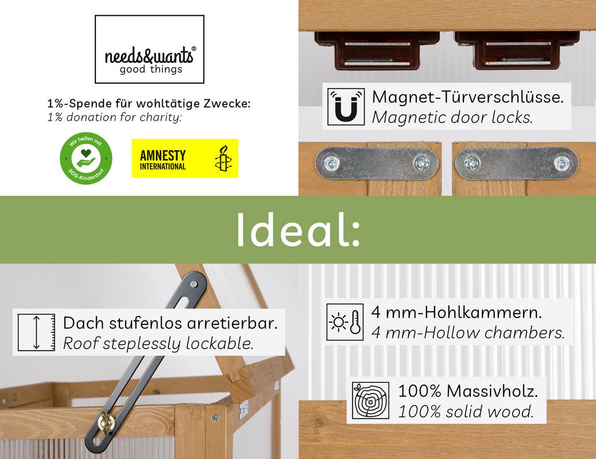 GEWÄCHSHAUS aus Holz für Balkon & Garten, mit Polycarbonat - Braun, Holz (56/76/43cm) - needs&wants