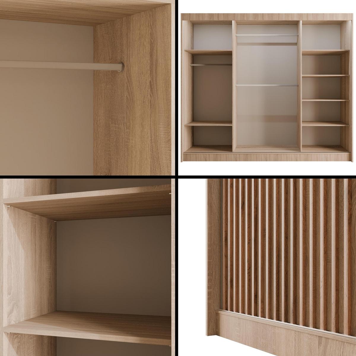 KLEIDERSCHRANK mit LED, Lamel-Schiebetüren VILANv2 - 250 cm Sonoma Eiche + Sonoma Eiche + Lamelle Eiche Wotan - Eiche Wotan/Sonoma Eiche, Holzwerkstoff (250/215/61cm) - ALTDECOR