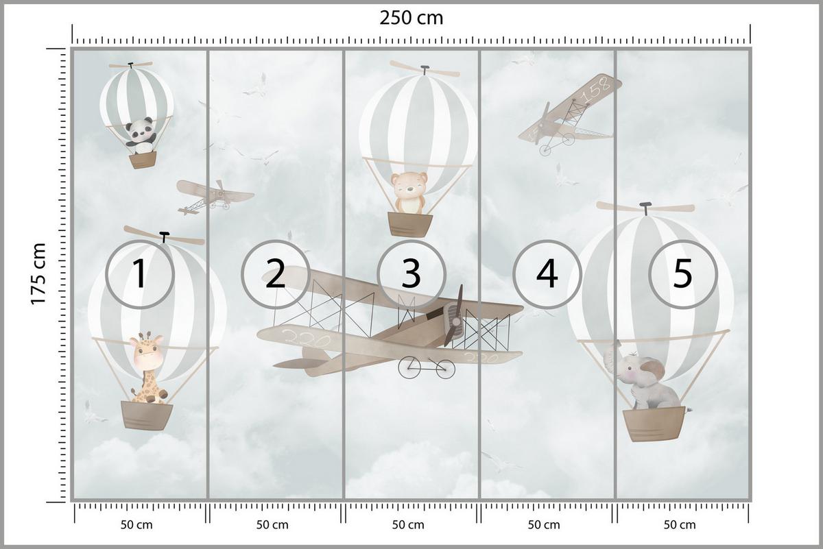 FOTOTAPETE für Kinderzimmer Ballons Tiere Wolken Flugzeuge Fantasie Retro 250x175 - Beige/Braun, Papier (250/175cm) - Muralo