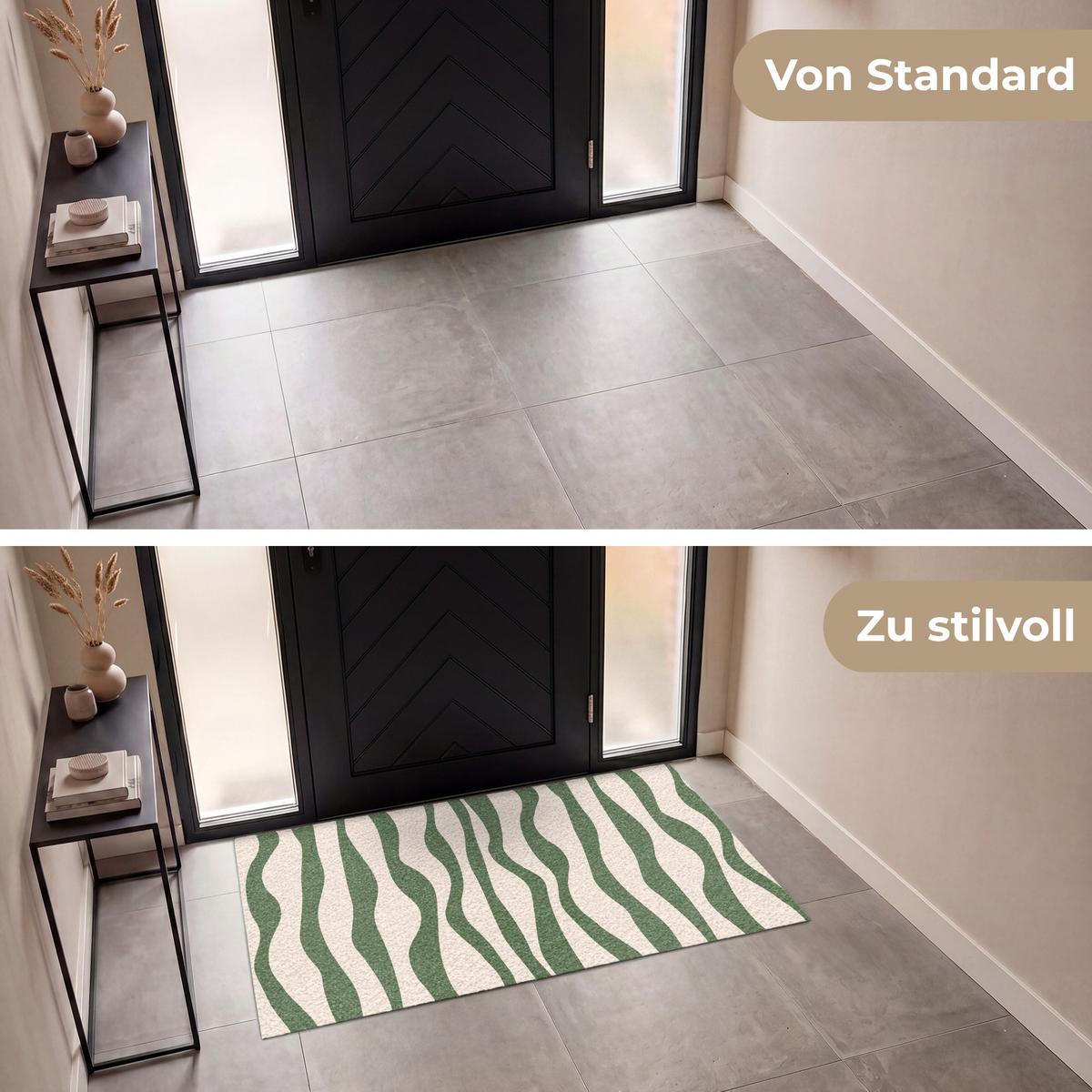 FUSSMATTE Wellenlinien - Beige - Grün - Streifen - Abstrakt Fußabtreter 150x90 cm - Dunkelgrün, Kunststoff (150/0.4cm) - MuchoWow
