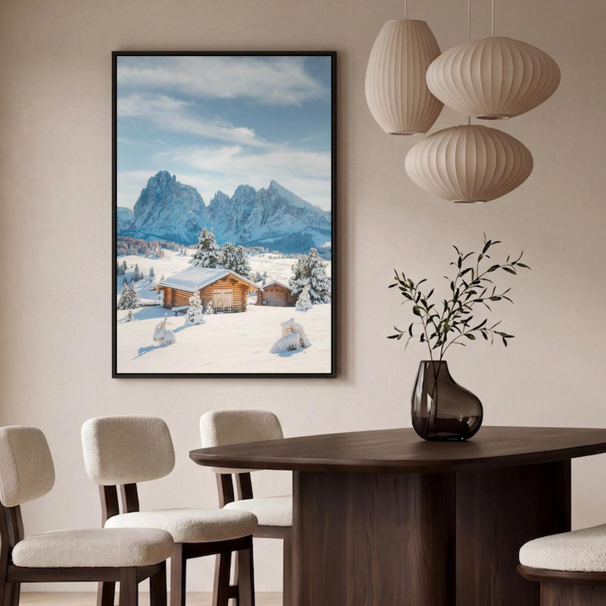 LEINWAND Bilder mit Rahmen - Winter - Hütte - Berge - Aussicht - Schnee - 100x150 - Eichefarben, Textil (100/150cm) - MuchoWow
