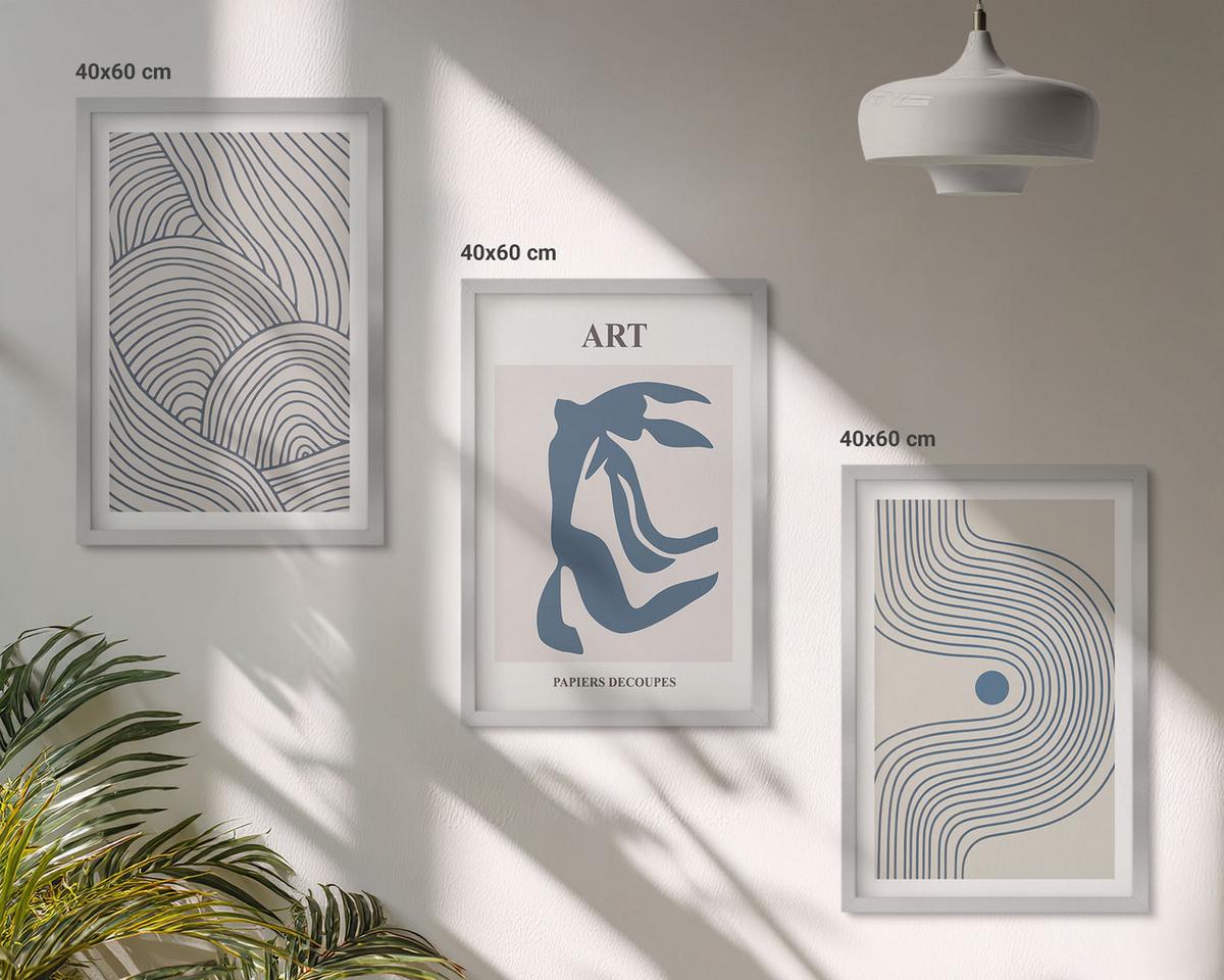 BILDER SET 3er Set - 40x60 cm Silberner Rahmen - Abstrakte blaue Linien - Silberfarben, Kunststoff (40/60cm) - TULUP
