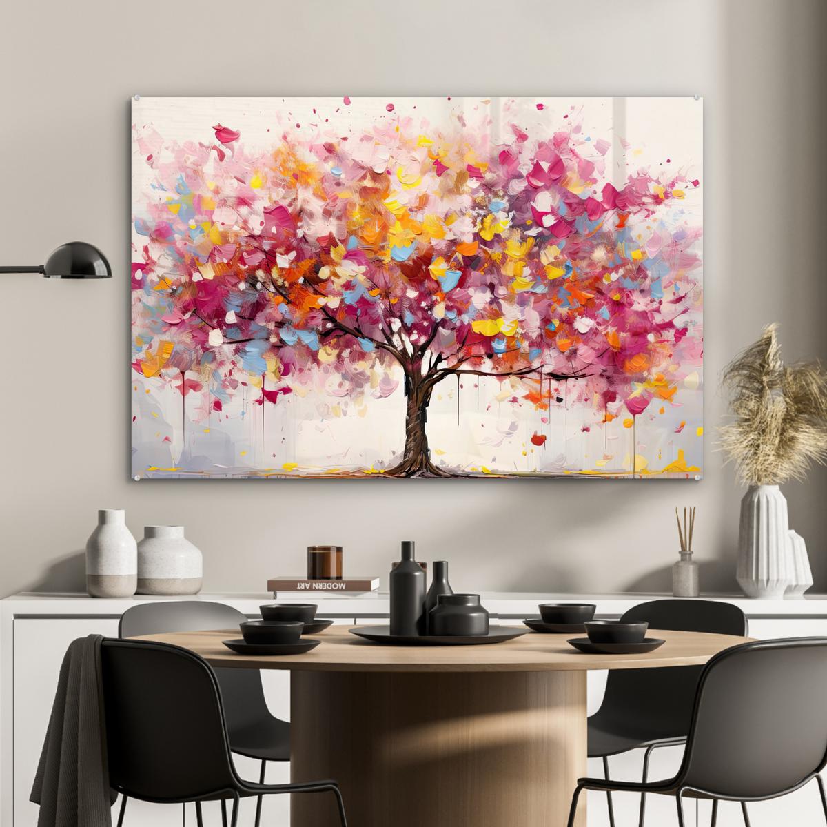 ACRYLGLASBILD Aquarell - Baum - Kunst - Abstrakt Wandbild Schlafzimmer 120x80 cm - Multicolor, Glas (120/80cm) - MuchoWow